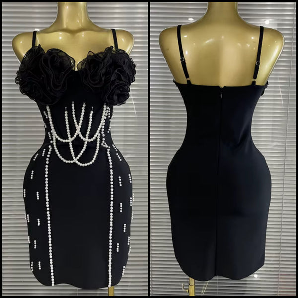 Women Black Sexy Sleeveless Ruffle Pearl Patchwork Dress