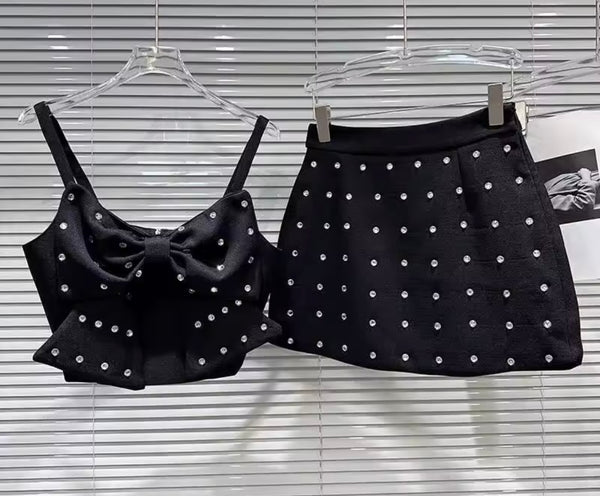 Women Sexy Sleeveless Bow Crop Two Piece Rhinestone Skirt Set