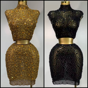 Women Sexy Sleeveless Crystal Mesh Two Piece Skirt Set