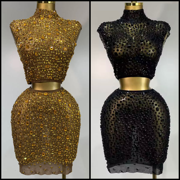 Women Sexy Sleeveless Crystal Mesh Two Piece Skirt Set