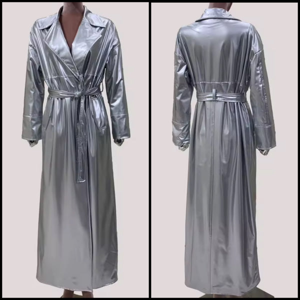 Women Silver Fashion PU Leather Trench Jacket
