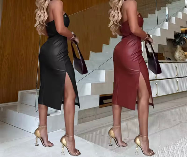 Women Strapless Metal Ring Faux Leather Sexy Dress