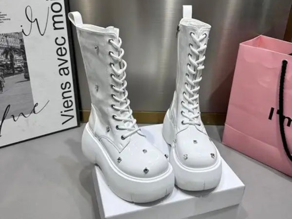 Women Fashion Platform Rhinestone Lace Up Ankle/Mid-Calf Boots