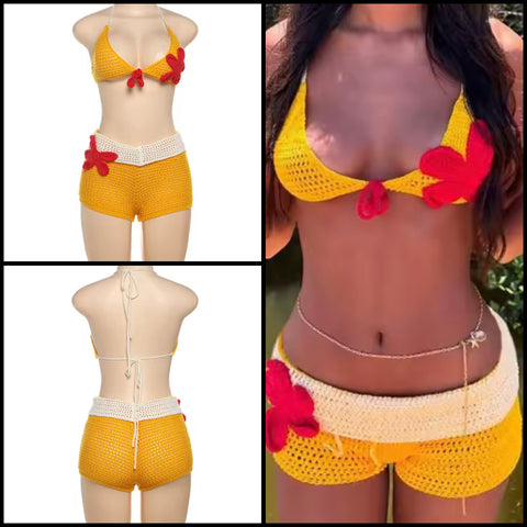Women Sexy Halter Floral Two Piece Knitted Short Set