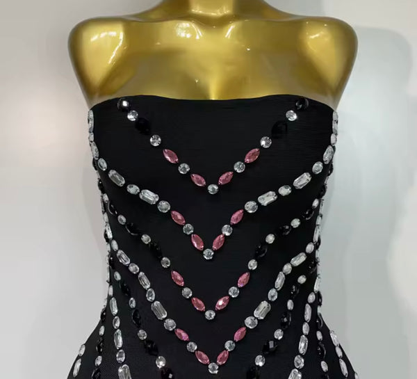 Women Black Sexy Strapless Rhinestone Dress