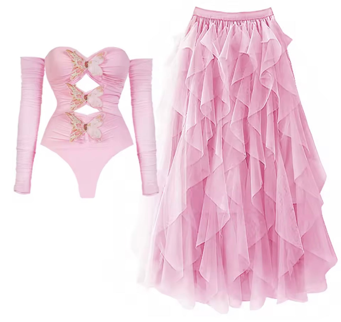 Women Sexy Butterfly Cut Out Pink Full/Sleeveless Swimsuit Cover Up Set