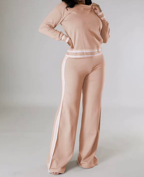 Women Solid Color Striped Patchwork Full Sleeve Two Piece Pant Set