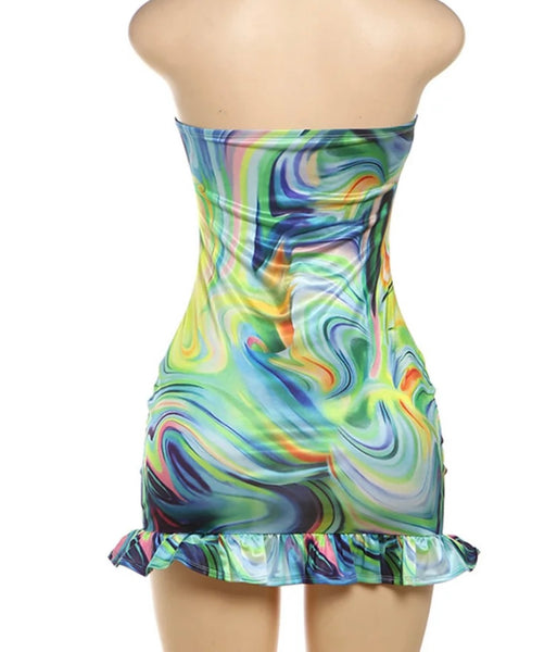 Women Multicolored Sexy Strapless Ruffled Dress