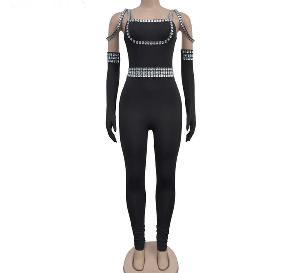 Women Sexy Black Bling Glove Fashion Jumpsuit