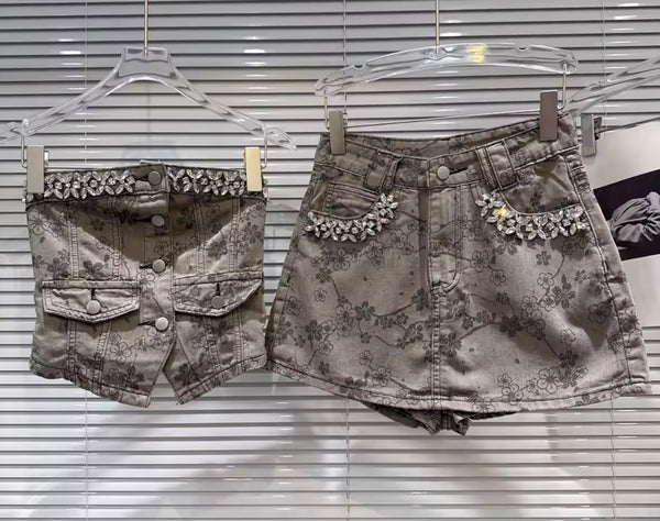Women Rhinestone Strapless Floral Denim Two Piece Wrap Short Set