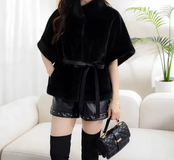 Women Fashion Warm Short Sleeve Faux Fur Belted Jacket