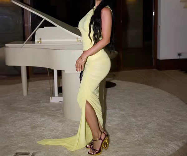 Women Sexy Sleeveless Yellow Two Piece Maxi Skirt Set