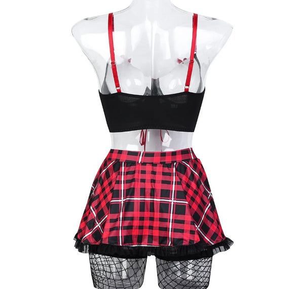 Women Sexy Plaid Lace Up Lingerie Set