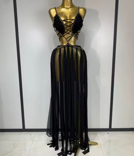 Women Sexy Sleeveless Chain Lace Up Mesh Maxi Dress