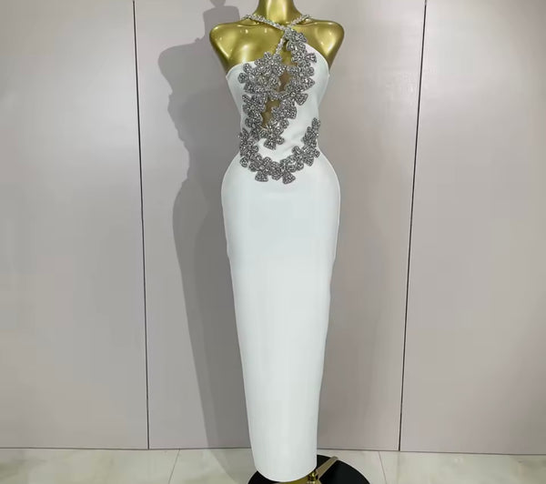 Women White Floral Rhinestone Sleeveless Sexy Maxi Dress