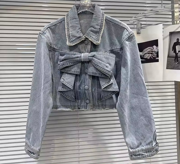 Women Fashion Blue Bow Denim Jacket Two Piece Pant Set