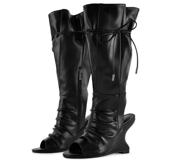 Women Fashion Open Toe Ruched Wedge Knee High Boots