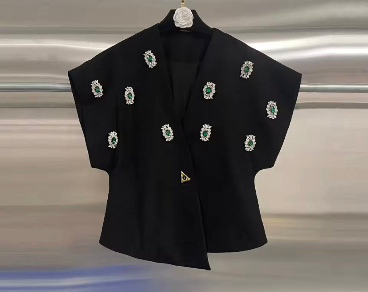 Women Short Sleeve Green Crystal Asymmetrical Top