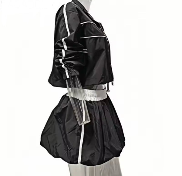 Women Zip Up Color Patchwork Two Piece Bubble Skirt Set
