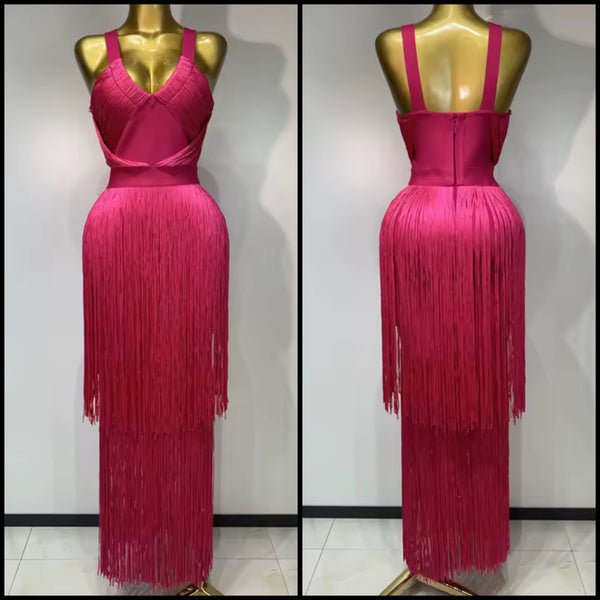 Women Sexy Pink Sleeveless Fringe Tassel Maxi Dress
