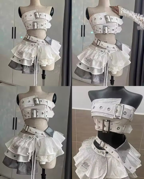 Women Sleeveless Buckled Ruffle Color Patchwork Two Piece Skirt Set