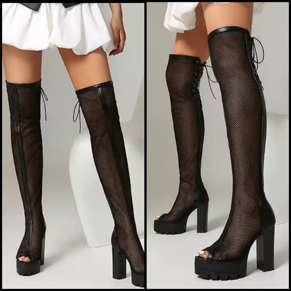 Women Fashion Black Open Toe Platform Over The Knee Boots