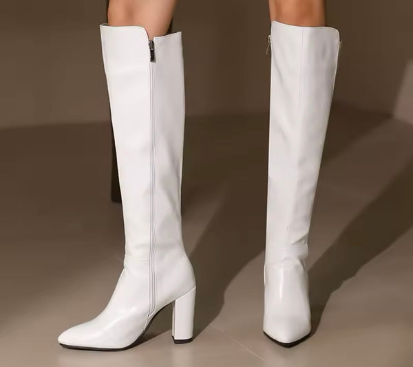 Women Color Faux Leather Fashion Knee High Zip Up Boots