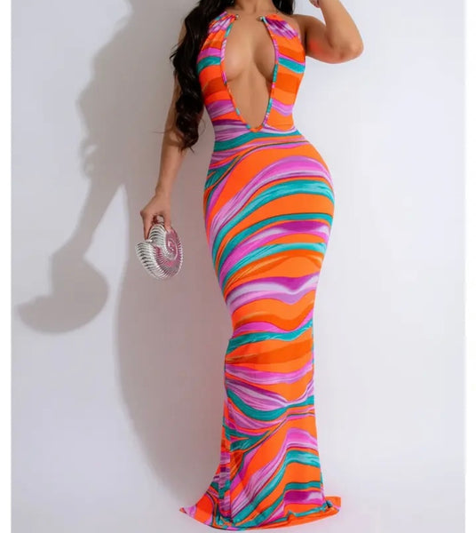 Women Sexy Sleeveless Metal Halter Multicolored Maxi Dress