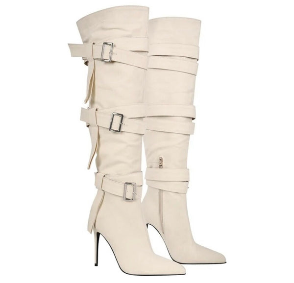 Women Buckled High Heel Fashion Knee High Boots