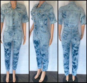 Women Short Sleeve Button Up Fashion Denim Jumpsuit