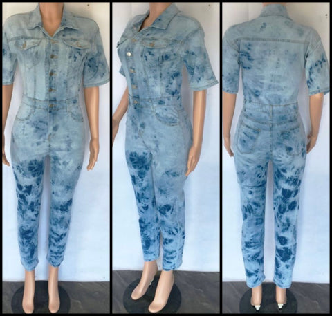 Women Short Sleeve Button Up Fashion Denim Jumpsuit