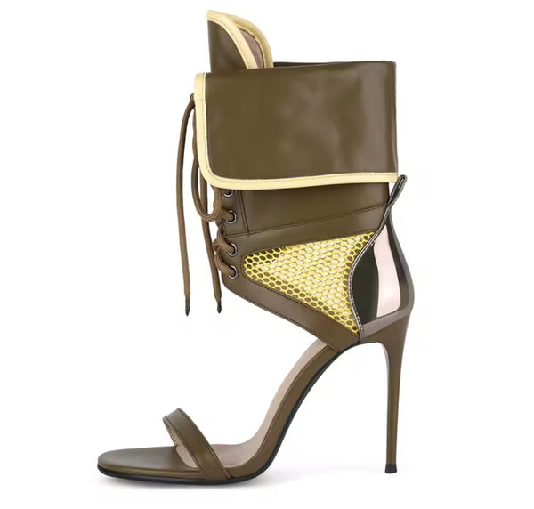 Women Fashion Open Toe Color Patchwork Tie Up High Heel Ankle Boots