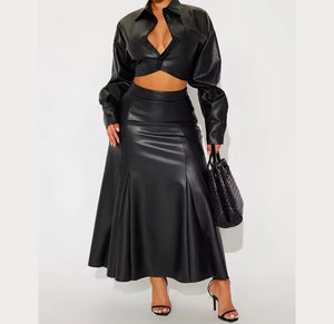 Women Sexy Faux Leather Button Up Full Sleeve Two Piece Maxi Skirt Set