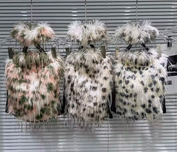 Women Colorful Leopard Print Faux Fur Halter Sleeveless Top