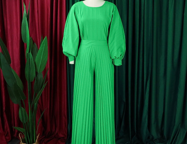 Women Fashion Full Sleeve Solid Color Two Piece Pleated Pant Set