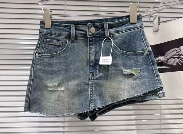 Women Sexy Fashion Ripped Asymmetrical Denim Skirt