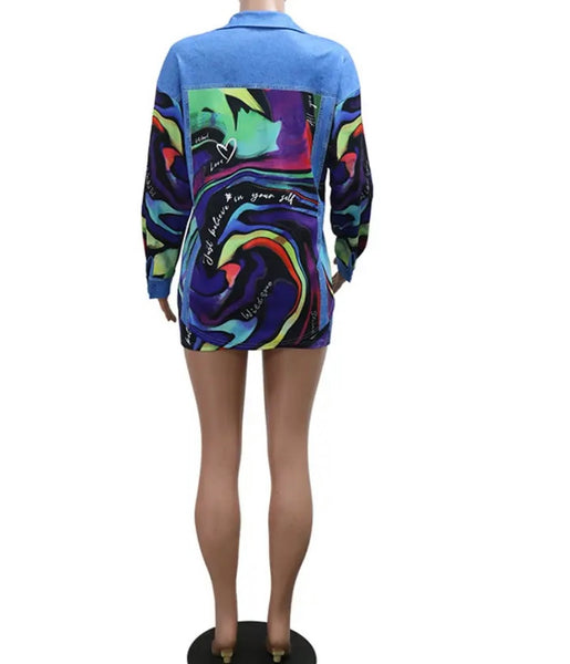 Women Sexy Full Sleeve Printed Denim Patchwork Two Piece Skirt Set