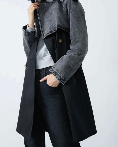 Women Fashion Denim Patchwork Trench Jacket