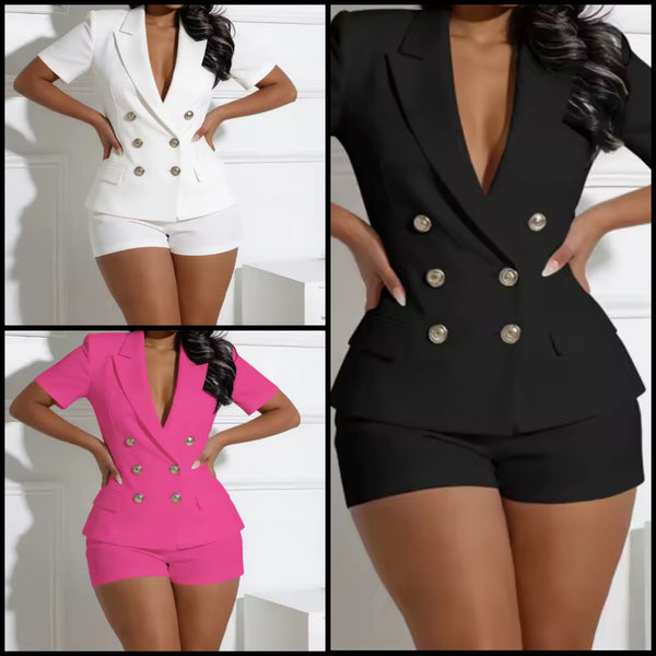 Women Fashion Button Short Sleeve Blazer Two Piece Short Set