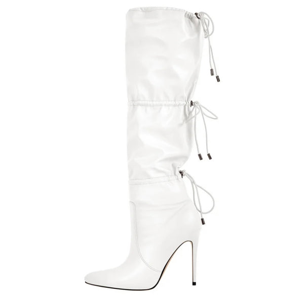 Women Fashion Faux Leather High Heel Tie Up Knee High Boots