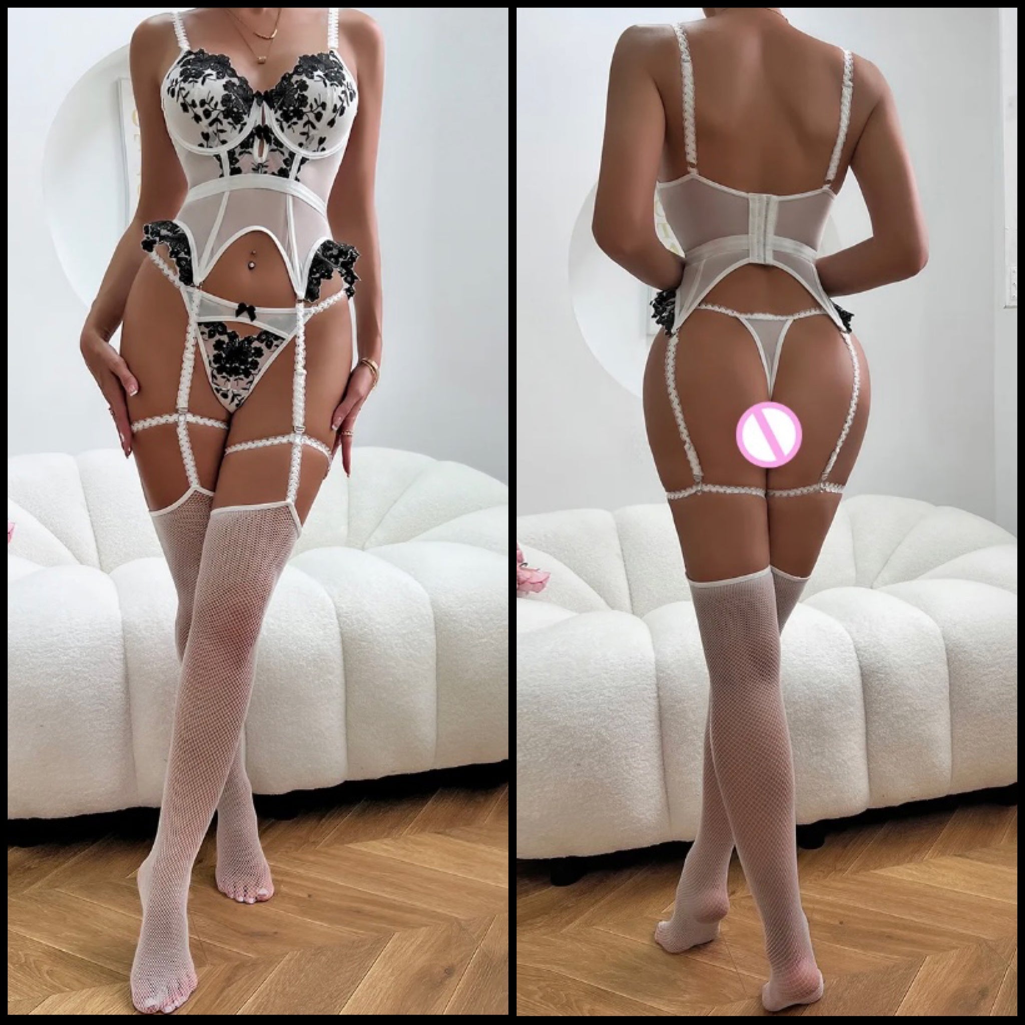 Women Sexy White/Black Floral Mesh Lingerie Set