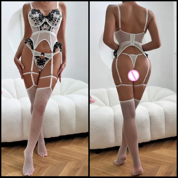 Women Sexy White/Black Floral Mesh Lingerie Set
