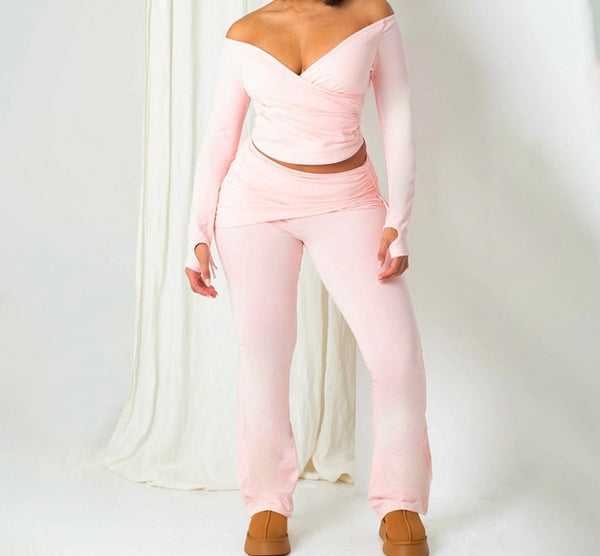 Women Fashion Solid Color Off The Shoulder Ruched Two Piece Pant Set