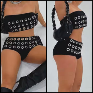 Women Strapless Sexy Fashion Black Metal Ring Two Piece Short Set