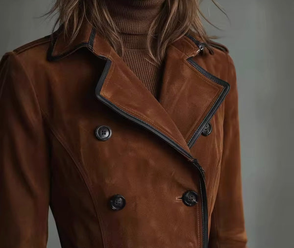Women Fashion Brown Suede Button Up Trench Jacket