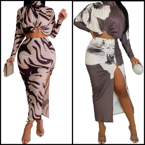 Women Sexy Printed Full Sleeve Two Piece Split Maxi Skirt Set