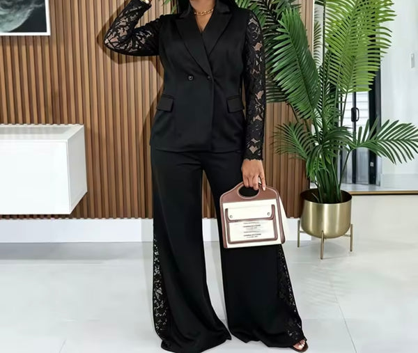 Women Lace Patchwork Blazer Two Piece Pant Set