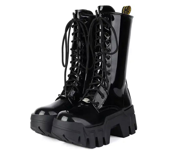 Women Fashion Color Patent Leather Lace Up Boots