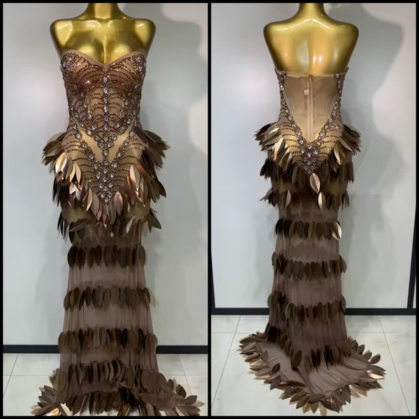 Women Sexy Strapless Rhinestone Brown Mesh Maxi Dress