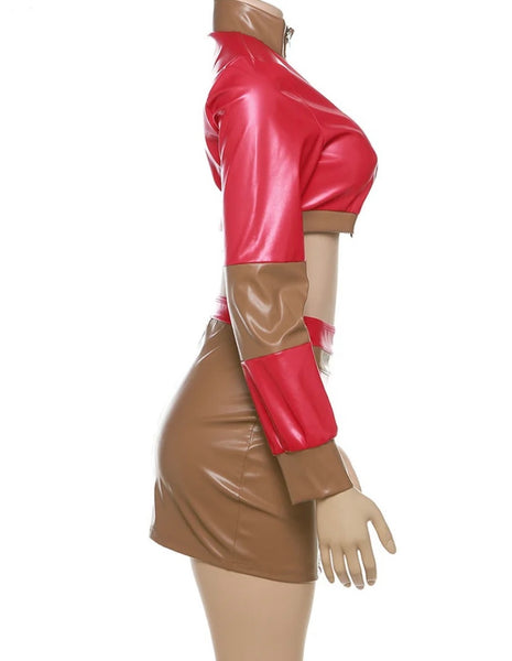 Women Sexy Faux Leather Color Patchwork Zip Up Crop Jacket Two Piece Skirt Set